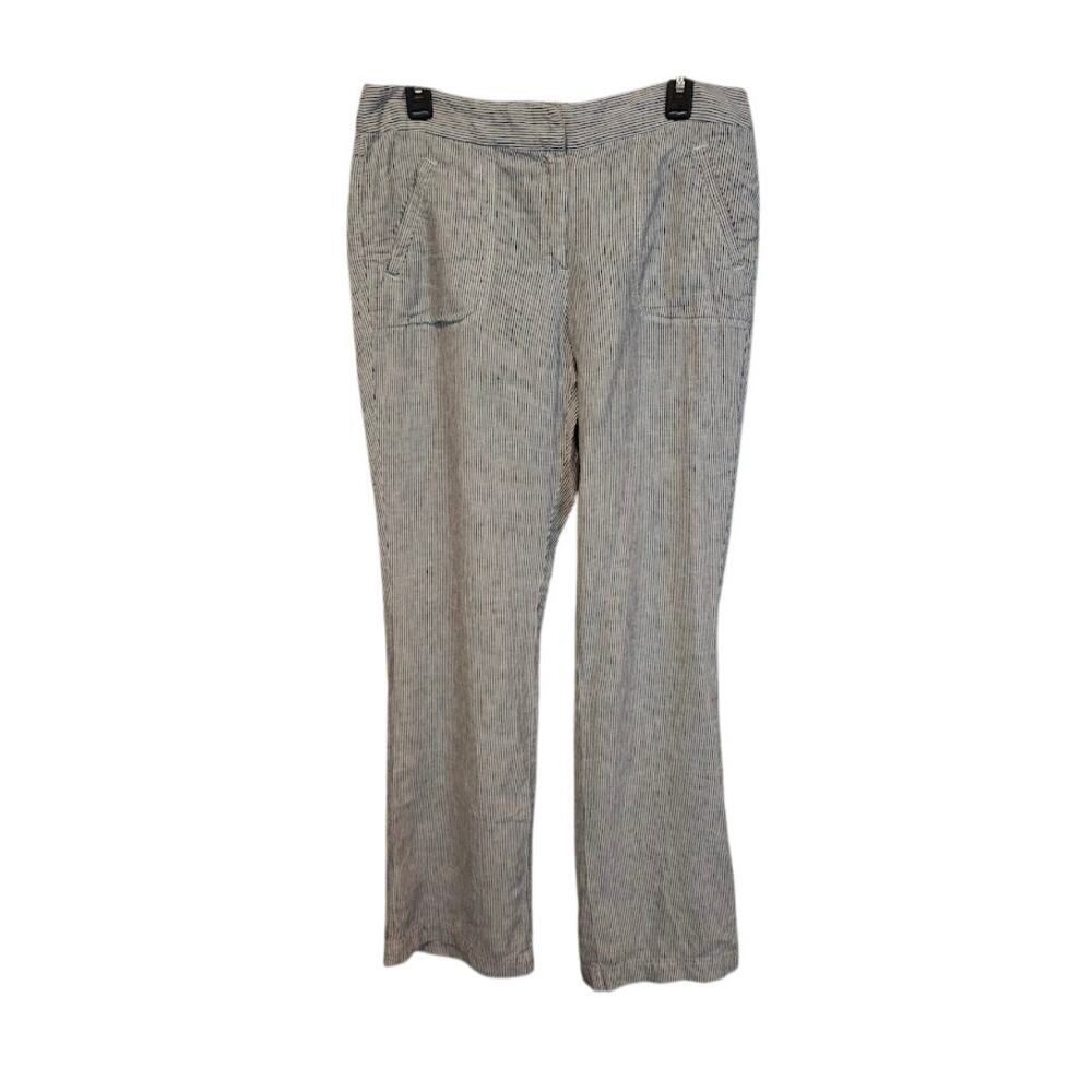 Chico's 100% Linen Gray White Stripe XS Pants Wide Leg Nautical Coastal Preppy‎